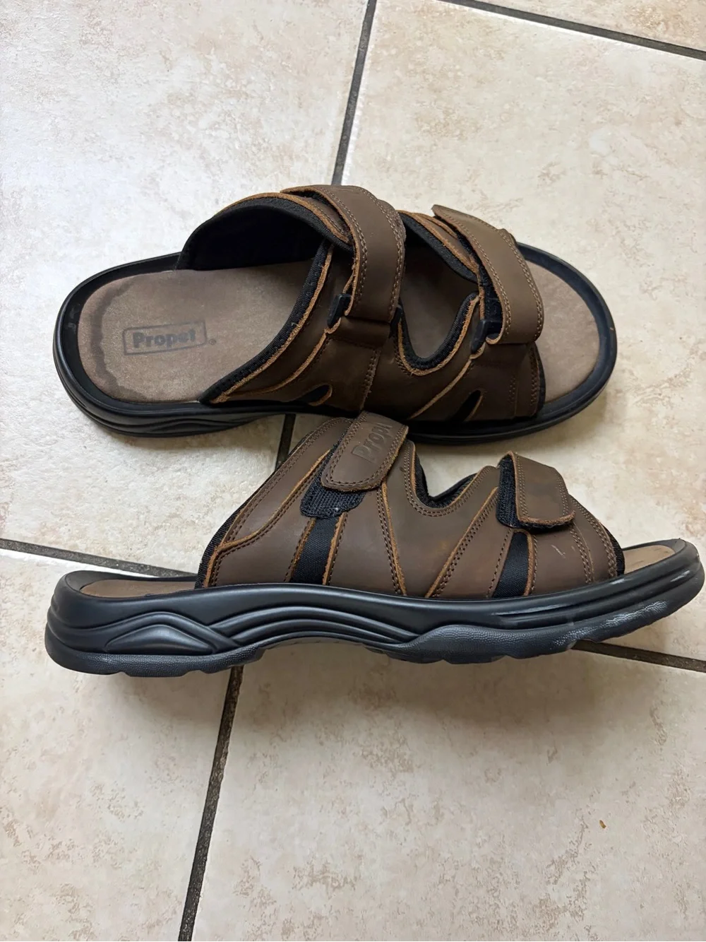 Propet Brown Men's Leather Double-Strap Slide Sandals